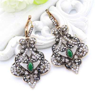 

Vintage Turkish Women Big Flower Long Drop Hook Earring Antique Color Resin Jewelry Arabesque Patterns Rhinestone India Earrings
