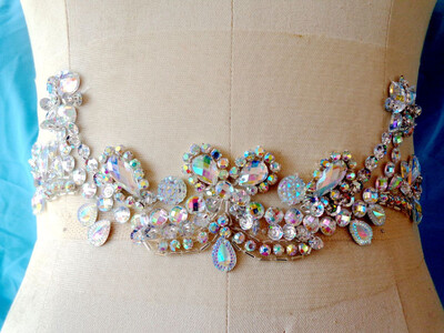 

hand made crystal patches sew on clear AB colour Rhinestones applique 328cm for top dress belt