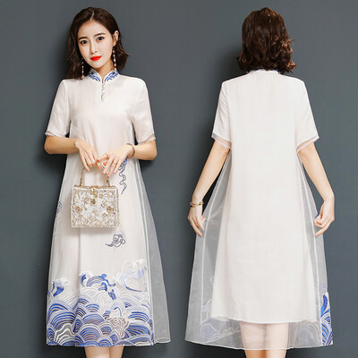 

2018 Summer New Chinese Ethnic Style Cheongsam Dress Loose Вышивка A-line Платье