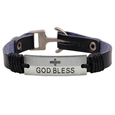 

QUEEN SHOW Bronze Bracelet Cross God Bless Leather Bracelet Punk