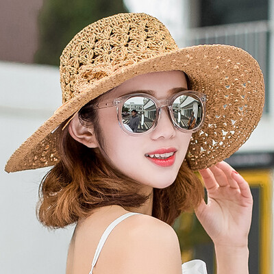 

BENOORAY hat female beach literary straw hat hand-knitted bow hollow sunscreen big hat dark khaki