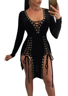 

Bigood Women Occident Deep V Split Lace-up Bodycon Dress Mini Skirt