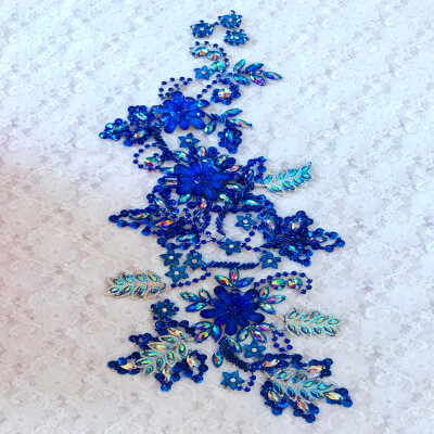 

hand made blue sew on Rhinestones applique on mesh crystal patches trim 3614cm for dress back