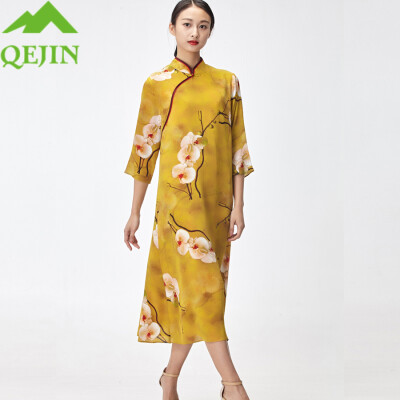 

2018 women silk dresses summer kleid floral printed nature silk vestidos half sleeve Long beach dresses loose sun dress yellow