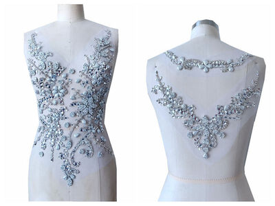 

hand made sew on silver Rhinestones applique on mesh crystal patches trim 50303020cm for dress backand front