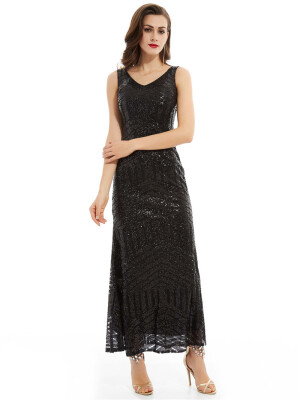

CAZDZY Scoop Neck Zipper-Up Sequins Mermaid Evening Dress