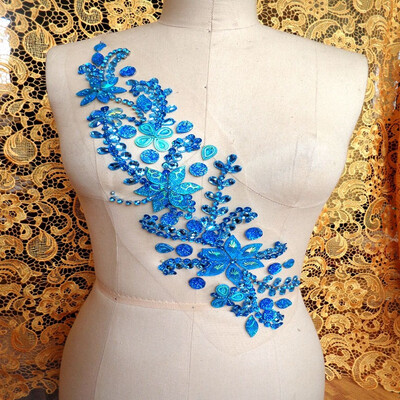 

Handmade sky blue crystal patches sew on Rhinestones applique with stones sequins beads 4211cm for dress skirt