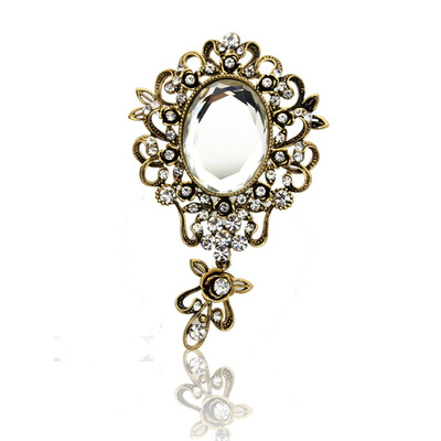 

Fashion Women Flower Mirror Brooches Pins Antique Gold Color Big Crystal Brooch Wedding Jewelry Ladies Lapel Scarf Pin Corsage