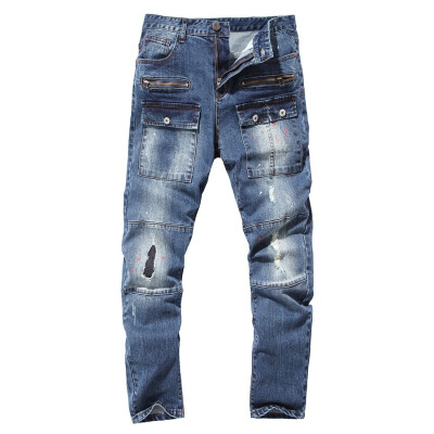 

Man Jeans Breaking Holes in Autumn&Winter High-end Boutique Cotton Trousers Multi Pocket