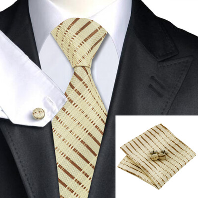 

N-0656 Vogue Men Silk Tie Set Brown Stripe Necktie Handkerchief Cufflinks Set Ties For Men Formal Wedding Business wholesale