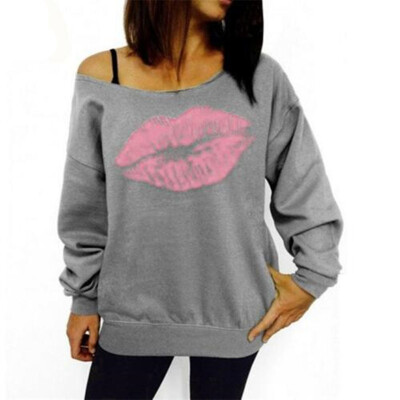 

2018 New Women Brand Fashion Sweatshirts Female Sexy Red Big Lips Printed Off Shoulder Long-Sleeved Pullovers Hoodies