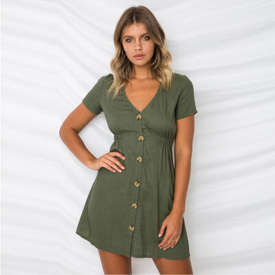 

Try Everything Summer Mini Dress Women 2018 V Neck Button Cotton Casual Dress For Women Solid Short Sleeve Ladies Dresses