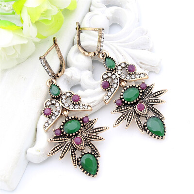 

Арабеск Vintage Women Flower Long Hook Earring Swinging Pendant Resin Crystal Palm Jewelry Античное золото Цвет Bohemia Bridal