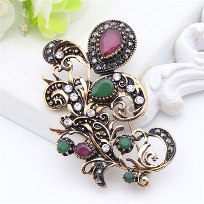 

Vintage Turkish Women Tulips Flower Resin Brooch Pins Antique Gold Color Curly Arabesque Broches Jewelry Mellow Hijab Lapel Pin
