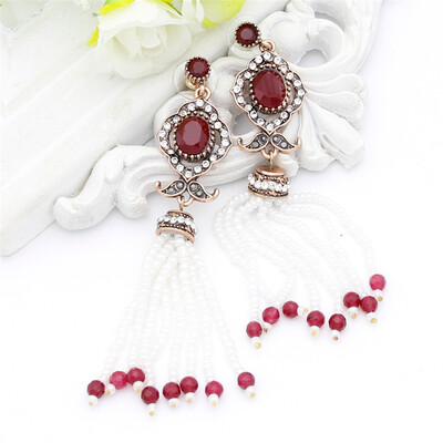 

Vintage Women Long Bead Dangle Rarring Antique Gold India Смола кисточки Серьги Турецкая свадебная принцесса Благородные банкетные