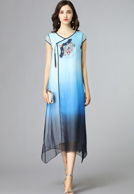 

2018 new arrival Women summer Dresses Nature silk oraganza embroidey solid long beach dresses Vintage elegant loose plus sizes