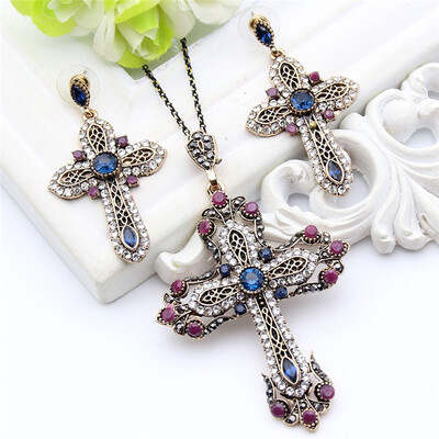 

Vintage Turkish Women Flower Cross Jewelry Sets Antique Gold Color Resin Cross Earring Rhinestone Cross Necklace Ethnic Jewelry