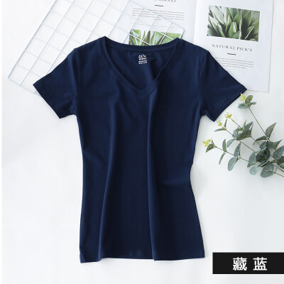 

KangSui DaiShu solid color simple short-sleeved T-shirt ladies V-neck slim half-sleeve T-shirt tops versatile cotton bottoming shirt Tibetan blue