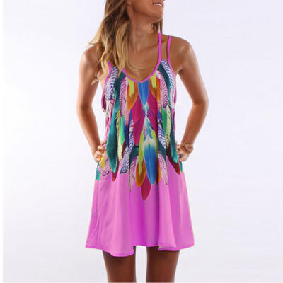 

Try Everything Maxi Summer Dress Women 2018 Colorful Feather Printed Loose Beach Dress Strap Sleeveless Fashion Women Clothing