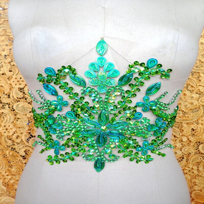 

hand made crystals trim patches blue sew on Rhinestones applique 3522cm for top dress skirt belt DIY accessory