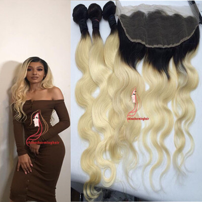 

Two Tone 1B 613 Ombre Body wave Virgin Hair Bundles с кружевом Фронтальное закрытие Темные корни Блондинки Бразильские человеческие волосы сплетены с La