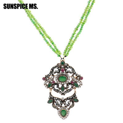 

New Vintage Turkish Women Necklace Chain Seed Bead Flower Pendant Necklace Set Antique Resin Ethnic Wedding Retro Strand Jewelry
