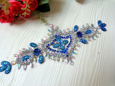 

Pure hand made dazzling deep bluesilver sew on Rhinestones applique crystals patches 369cm dress accessory for belt