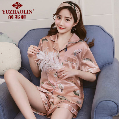 

YUZHAOLIN Womens Thin Cute Ice Silk Pajamas Summer Short Sleeve Two-Piece Set