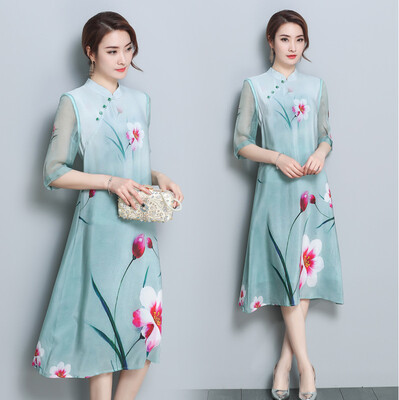 

2018 весной и летом новый воротник воротник cheongsam ретро сшивание печатной одежды