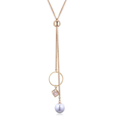 

AAA Grade Cubic Zircon Sweater Chain Necklace Simulated Pearl Pendants 80CM Snake Chain Women Maxi Jewelry Gift 26972