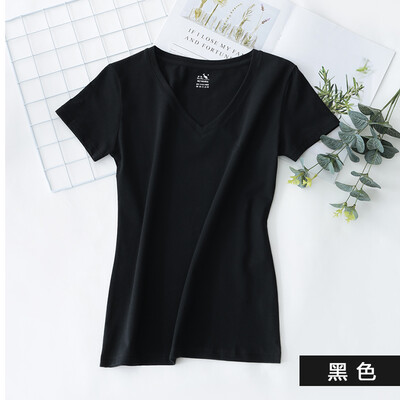 

KangShu DaiShu solid color simple short-sleeved T-shirt ladies V-neck slim half-sleeve T-shirt tops wild cotton bottoming shirt black L
