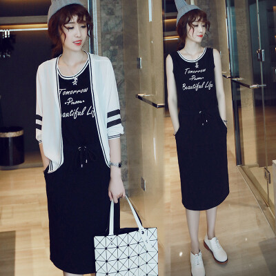 

Lovaru ™New 2015 fashion Chiffon cardigan letter accept waist sleeveless dress two-piece outfit fashion casual style