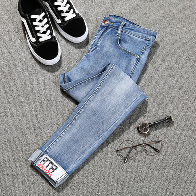 

Plus size women pencil high waist jeans spring spandex cotton Slim fit ninth pants turn edge 3 color