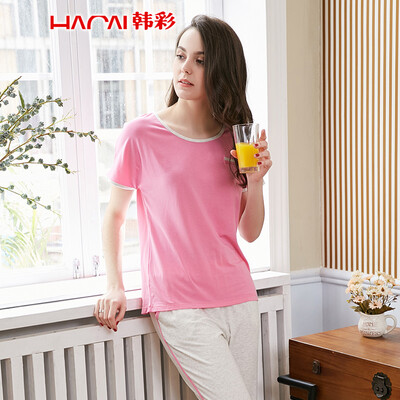 

Han Cai HACAI pajamas womens thin short-sleeved trousers modal cotton solid color simple home service suit orange powder 16085