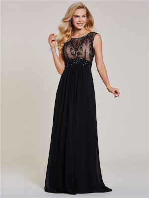 

CAZDZY Beaded Scoop Neck Lace Long Evening Dress