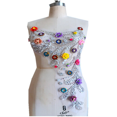 

hand made multicolor flower silver Rhinestones applique on mesh sew on crystal patches trim 5434cm for dress back