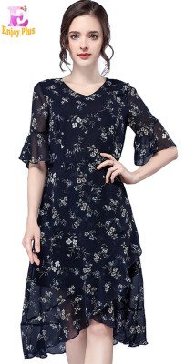 

XL XXL 3XL 4XL 5XL plus size chiffon elegant summer 2018 dress women short sleeve big size flower printed knee length office