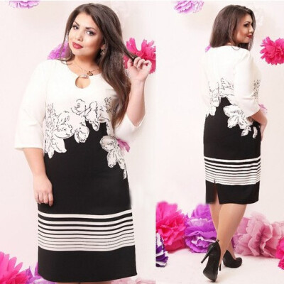 

Lovaru ™2015 WOMEN DRESS straight asymmetrical collar three quarter sleeve print knee high casual dress plus size