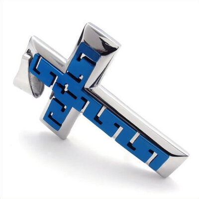 

Hpolw Wholesale NEW Trendy Mens Large Jewery Silver Blue Stainless Steel Cross Necklace Pendant with 18-26 inches Chain