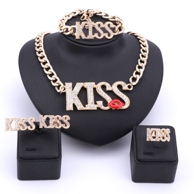 

New Sexy Women Accessories Gold Crystal Jewelry Sets Kiss Lipstick Big Letter Pendant Necklace Bracelet Earring Ring