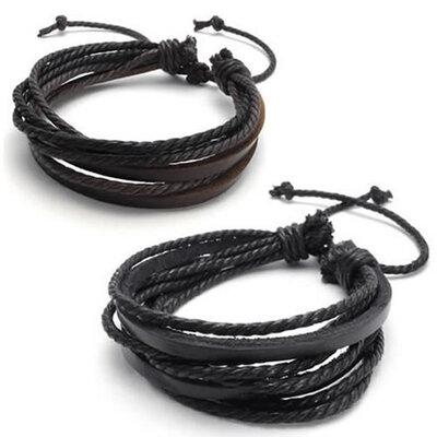 

hpolw mens новенький моды винтаж украшения кожа нескольких строк веревку обаяние Brown & черные браслеты
