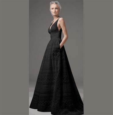 

Womens Elegant Lace Deep V-Neck Dress with Fitted Bodice
