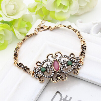 

Vintage Arabesque Women Bracelets Turkish Antique Gold Plat Flower Resin Hollow Jewelry Bracelet Ladies Ethnic Bride Bijoux Gift