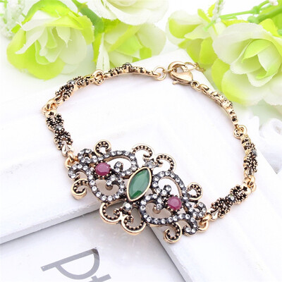 

Vintage Arabesque Women Bracelets Turkish Antique Gold Plat Flower Resin Hollow Jewelry Bracelet Ladies Ethnic Bride Bijoux Gift