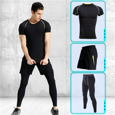 

Short-sleeved Quick-drying Summer T-shirt Sports Suit Mens Metal PRO Sports Three-piece Set Tight Workout Wear