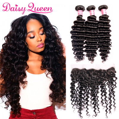 

Deep Wave Brazilian Virgin Hair Lace Frontal Closure With Bundles 100 Unprocessed Human Hair 3 Bundles With Frontal Natural Color