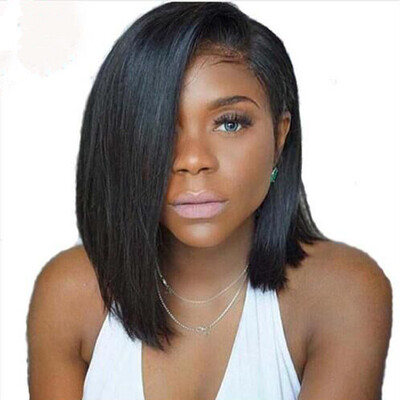 

T-top Hair Virgin Human Hair Lace Front Wig Short Bob Side Parting Human Hair Wig Swiss Lace Bleached Knots Natural Black Color Wi