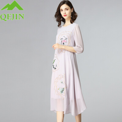 

2018 summer silk dresses women elegant silk oraganza embroidery floral casual dresses long beach elegant O- neck half sleeve