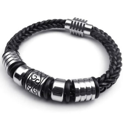 

Hpolw Black New Fashion Genuine Leather/Stainless Steel Charms Clasp Biker Men's Spiral hand woven Bracelet