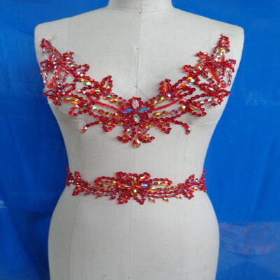 

Pure hand made red blue green sew on Rhinestones applique crystals patches 2926cm387cm for dress DIY dress accessory